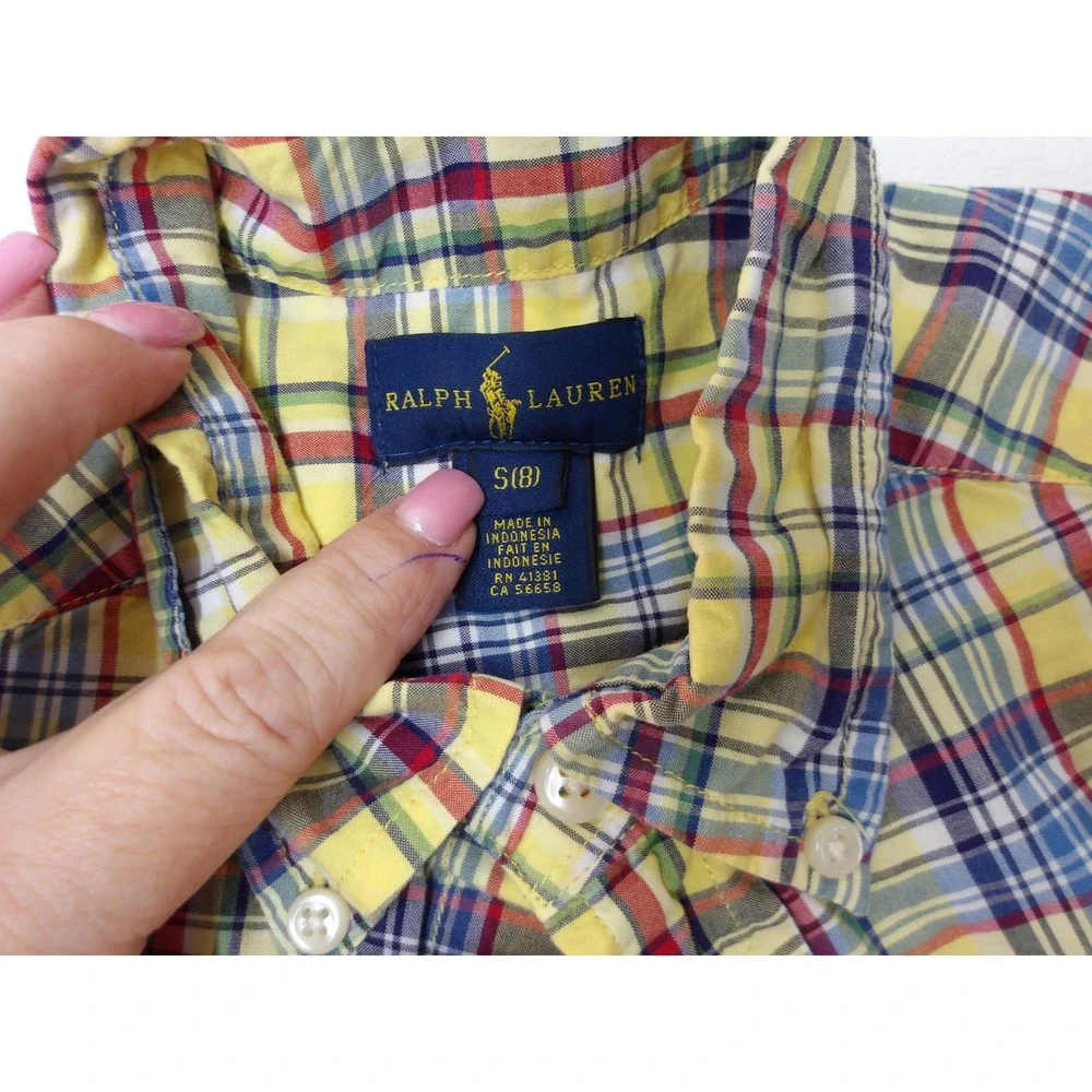 Ralph Lauren Kids Plaid‎ Button Down Long Sleeve Shirt Yellow Blue Sz 8 / #1042
